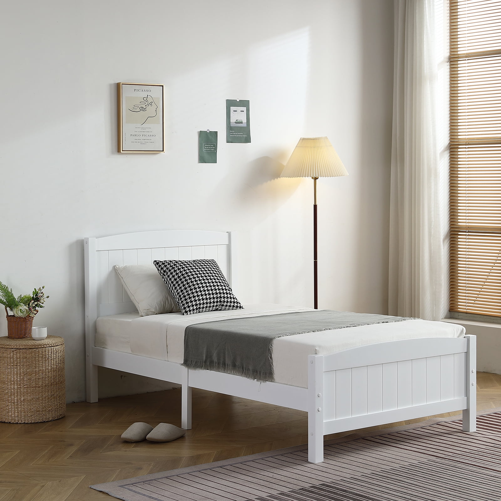 Hassch Twin Size Wood Platform Bed Frame with Headboard and Footboard, No Box Spring Needed, White