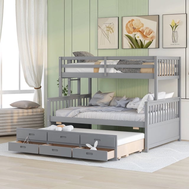 Hassch Twin over Full Size Wood Bunk Bed with Twin Trundle Bed and 3 ...