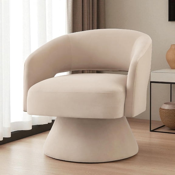 Hassch Upholstered 360° Swivel Accent Chair in Taupe Velvet, Modern Barrel Chair with Wood Base, Comfortable Armchair for Bedroom, Living Room, Home Office