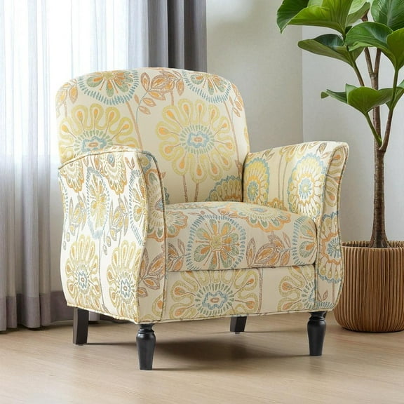 Hassch Upholstered Accent Chair in Floral Pattern, Stylish Armchair with Solid Wood Legs and Padded Seating, Comfy Chair for Bedroom & Living Room (Beige+Yellow)