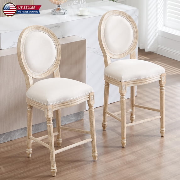 Hassch Upholstered Bar Stools Set of 2, French Country Solid Wood Barstools with Cotton Linen Fabric Padded Seat & Oval Back, for Kitchen Island & Pub, 25.6" Seat Height (Beige+Natural)