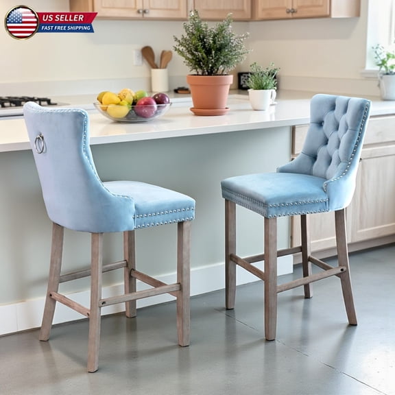 Hassch Upholstered Barstools Set of 2, Light Blue Velvet Counter Stools with Solid Wood Legs, Handcrafted Tufted Back, Rivet Trim & Decorative Silver Ring, 27.2" Seat Height, 300 lbs Capacity