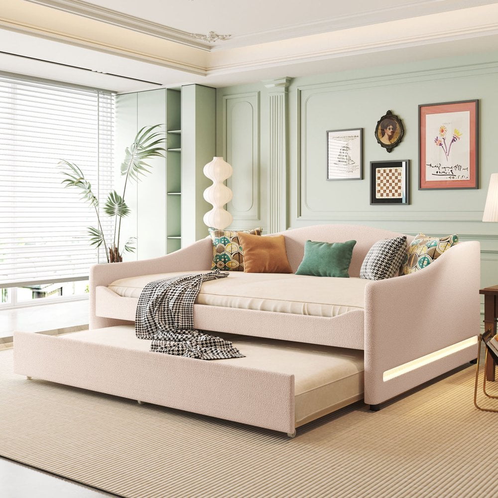 Beige Full Upholstered Daybed with Trundle and LED Light