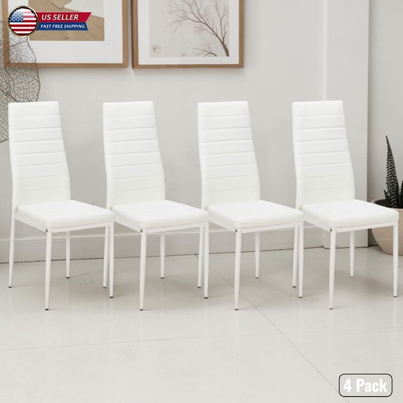 Hassch Upholstered Dining Chairs Set of 4, PU Leather Kitchen Chairs with High Back & Metal Legs, Comfortable Armless Dining Room Side Chairs, Easy to Assemble, White