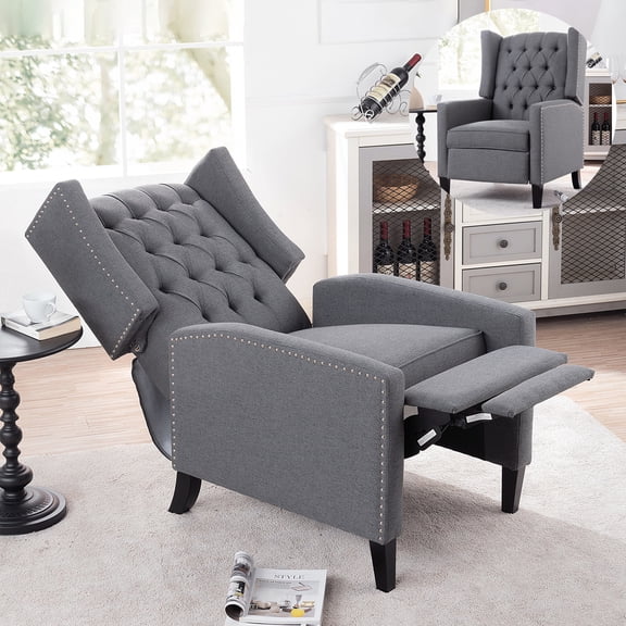 Hassch Upholstered Recliner in Gray, High Wingback Accent Chair with Solid Wooden Legs, Comfortable Living Room Lounge Chair with Soft Padded Seat & Adjustable Footrest