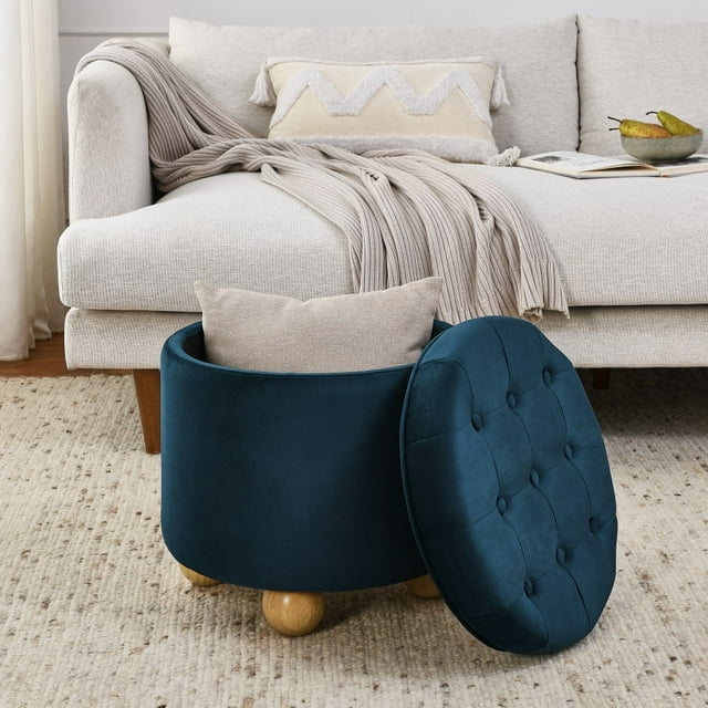 Hassch Upholstered Round Storage Footrest | Flannel Tufted Ottoman with Wood Legs & Lift Off Lid | Decorative Home Furniture Accent Side Table | 18.5"Dia, Dark Blue