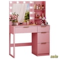 thumbnail image 1 of Hassch Vanity Desk Set with LED Light, Mirror and Charging Station, Makeup Dressing Table with 2 Shelves and 4 Drawers, Space Saving, Pink, 1 of 6