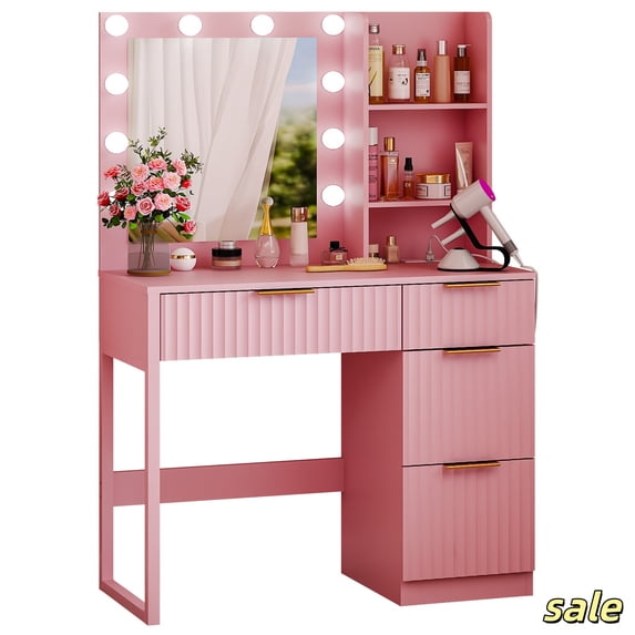 Hassch Vanity Desk Set with LED Light, Mirror and Charging Station, Makeup Dressing Table with 2 Shelves and 4 Drawers, Space Saving, Pink
