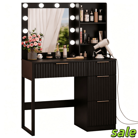Hassch Vanity Desk with LED Light and Mirror, Makeup Table with Built-in Charging Station, Dressing Table with 4 Drawers & 2 Shelves, Black