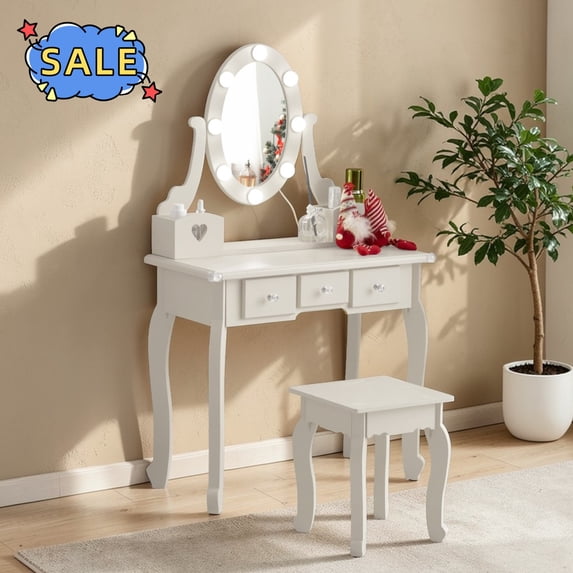 Hassch Vanity Set with Lighted Mirror and Stool, 23.6 Inch Makeup Dressing Table with 5 Storage Drawers for Small Space, White