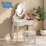 Hassch Vanity Set with Lighted Mirror and Stool, 23.6 Inch Makeup Dressing Table with 5 Storage Drawers for Small Space, White