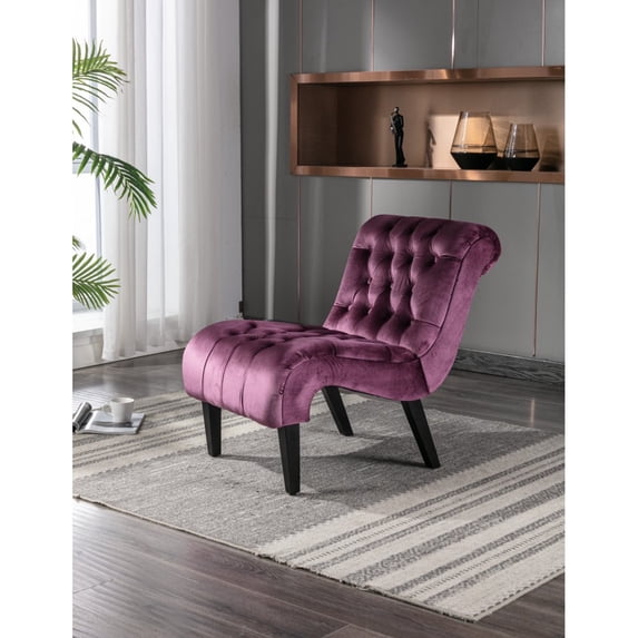 Hassch Velvet Accent Chair, Upholstered Armless Side Chair for Living Room, Modern Lounge Chair with Tufted Back and Rolled Edge Design, Comfy Reading Chair with Solid Rubber Wooden Legs, Purple