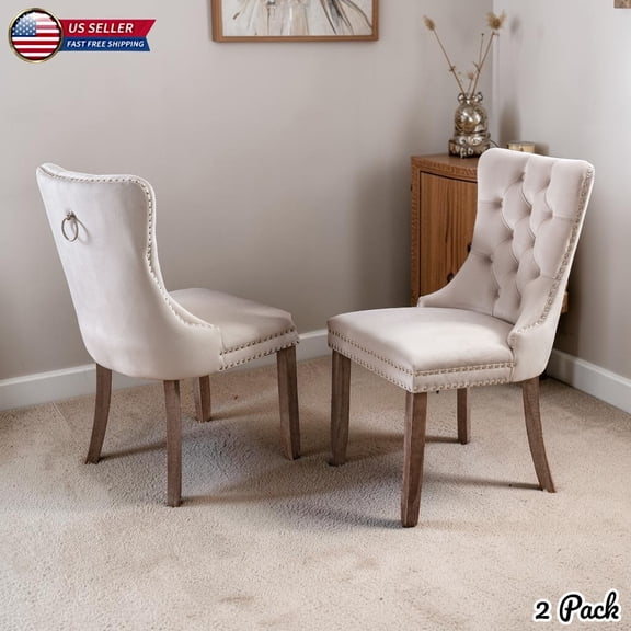 Hassch Velvet Dining Chairs Set of 2 - Upholstered Kitchen Side Chairs with Solid Wood Legs, Button Tufted Back, Nailhead Trim and Decorative Ring Pull, Beige