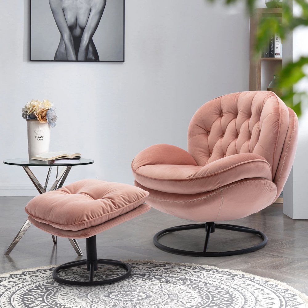 Hassch Velvet Swivel Accent Chair Ottoman Set Modern Chaise Lounge with Footstool Comfy Armchair TV Chairs with Metal Legs Pink