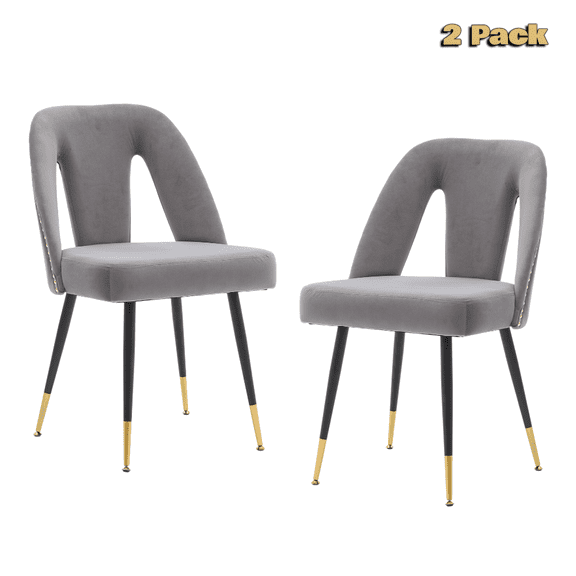 Hassch Velvet Upholstered Dining Chairs 2 Pack, Modern Side Chairs with Nailhead Detail and Gold-Tipped Black Legs, for Living Space and Home Office, Gray
