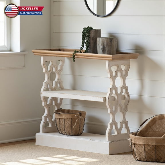 Hassch Vintage 3-Tier Console Table with Natural Wood Top and Decorative Sides, Distressed White Storage Shelf for Living Room, Bedroom, or Office