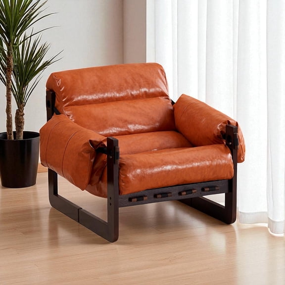 Hassch Vintage Accent Chair with Oil Wax Leather Upholstery, Removable Armrests, and Rubberwood Frame, Comfortable Lounge Chair for Living Room, Study, Office, Small Apartment (Retro Orange)