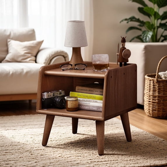 Hassch Vintage Bedside Table with Open Shelves, Solid Wood Storage Nightstand for Bedroom, Living Room, Small Space, Walnut