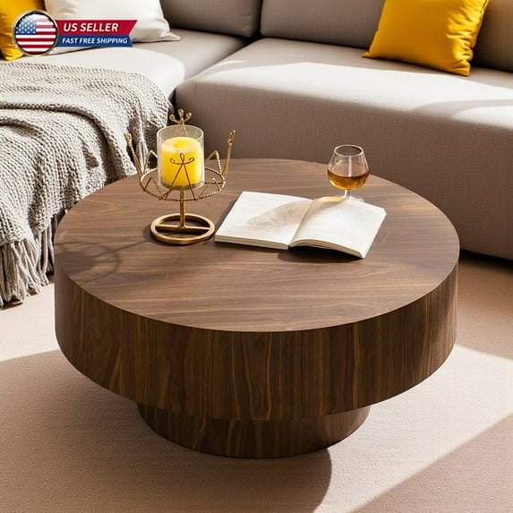 Hassch Vintage-Style Round Coffee Table in Walnut Finish, MDF Accent Table for Living Room or Office, Easy Assembly & Waterproof Surface, 30.51"Dia x 13.78"H