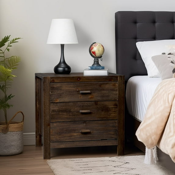 Hassch Vintage Wood Storage Nightstand with 3 Drawers and Hidden Charging Station on Top Drawer, Dark Brown, 24"L x 17"W x 23.6"H