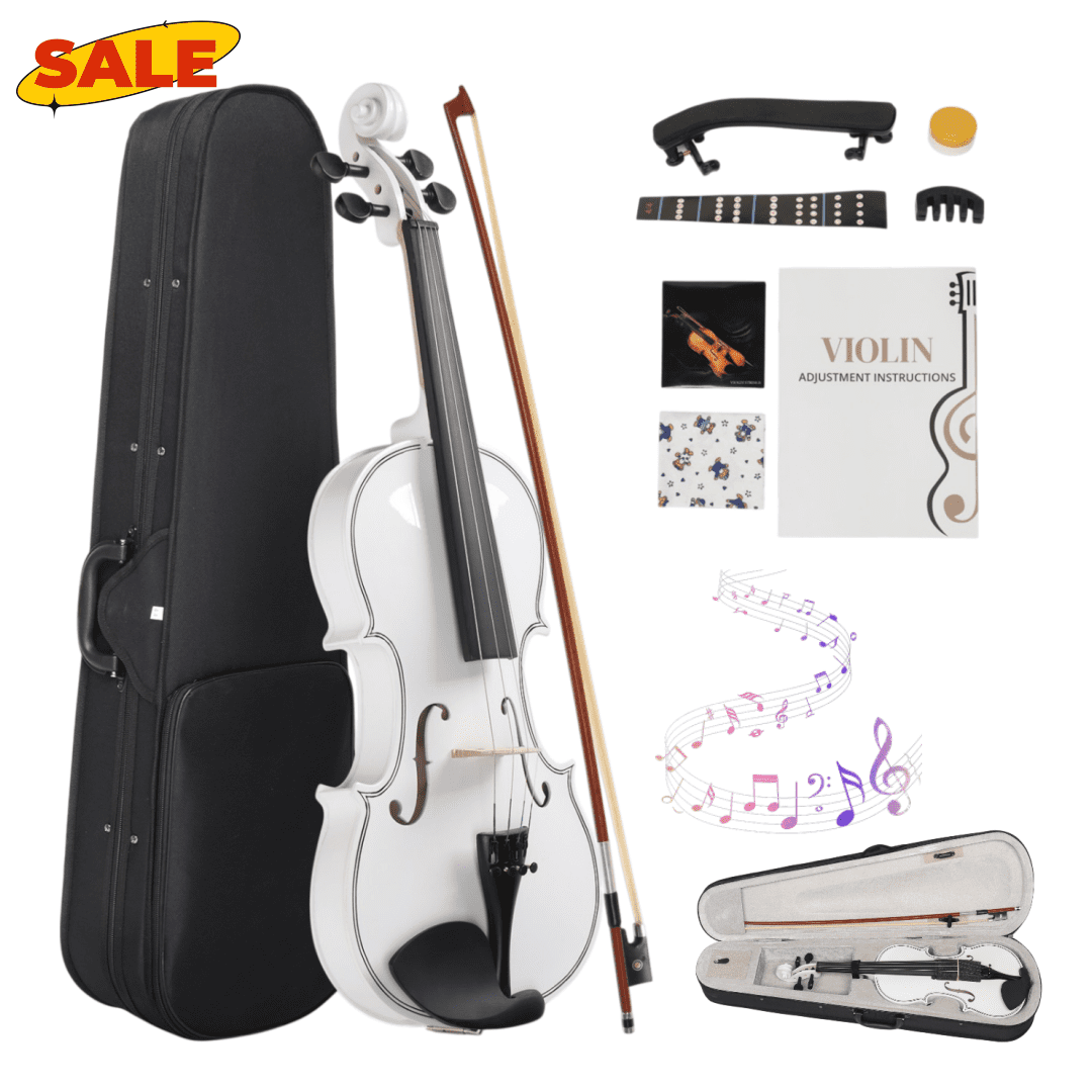 Hassch Violin 4/4, Acoustic Fiddle for Beginners with Case, Bow, Rosin, Sordine, Extra Strings and Shoulder Rest, White