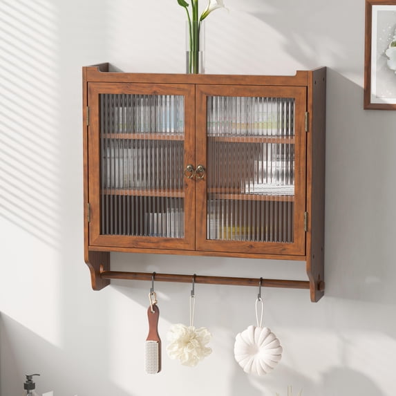 Hassch Wall Cabinet with Towels Bar, Wall Mounted Medicine Cabinet with 2 Glass Door and Removable Shelves, Bathroom Space Saver Over Toilet Storage Cabinet for Laundry Room Kitchen, Brown