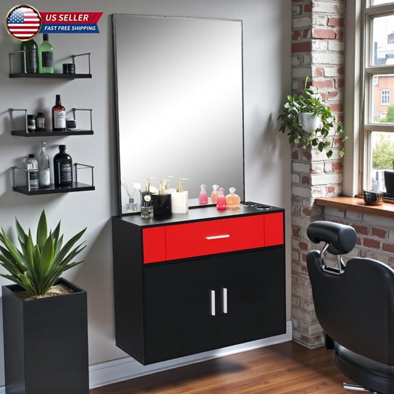 Hassch Wall-Mount Hair Styling Station with Mirror, 1 Drawer & 2-Door Cabinet Storage, Space-Saving Beauty Organizer Shelf with Tool Holder Rings for Salon or Home Studio (Black+Red)