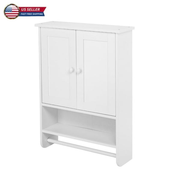 Hassch Wall Mounted Medicine Cabinet with Hanger Rod and Open Shelf, 2-Door Wooden Storage Floating Cabinet for Bathroom, Entryway, Living Room, White