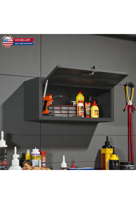 Wall Mounted Metal Storage Cabinet with Lock & Keys, Heavy Duty Steel Garage Tools Organizer Cabinet with Lift-Up Door, for Workshop, Basement or Utility Room, Black
