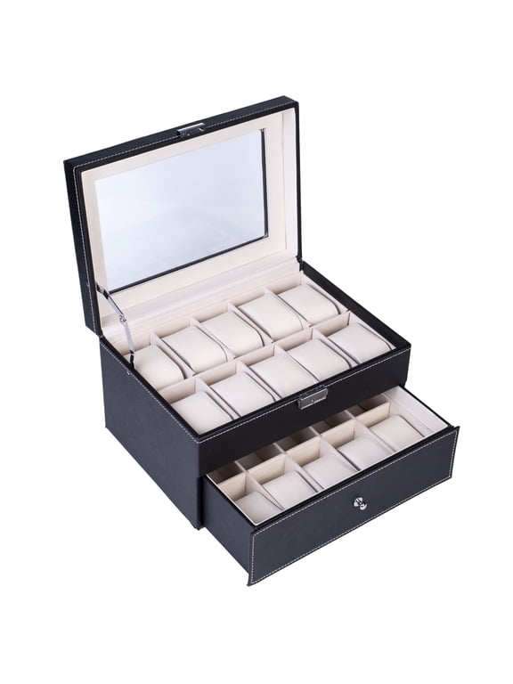 Watch Box Organizer 20 Slots with Key Men Women Display Storage Case Metal Hinge Black PU Leather Glass Top Large Holder