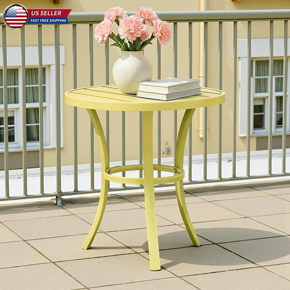 Hassch Weather Resistant Patio End Table w/ Slatted Top and Adjustable Feet, Round Powder-Coated Metal Side Table for Indoor Outdoor Use, 19.5"Dia x 20"H, Light Yellow