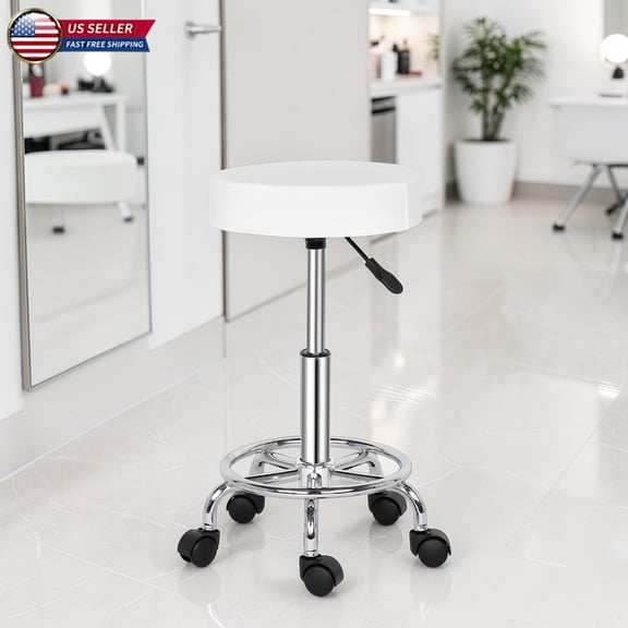 Hassch White PU Leather Swivel Stool on Wheels, Rolling Padded Seat for Drafting/Task/Work, 19.69"-25.39" Adjustable Height, Easy Assembly, White