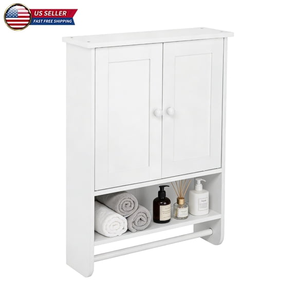 Hassch White Wall-Mounted Bathroom Cabinet with Towel Bar, Double Doors & Open Shelf, Space-Saving Design, Easy to Assemble, 19.1"L x 5.71"W x 25.2"H