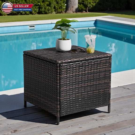 Hassch Wicker Storage Side Table in Brown, 27-Gallon Outdoor Patio Table with Lift Lid & Steel Frame, Concealed Storage for Cushions or Tools, Weather-Resistant Design