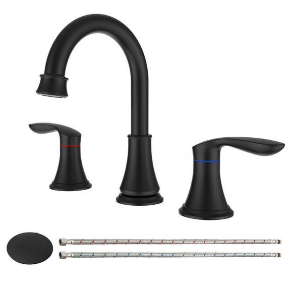 Hassch Widespread Bathroom Faucet for Sink 3 Hole, Two Handle 8 inch Bathroom Sink Faucet, Assembly Overflow Drain and cUPC Faucets Supply Lines for Bathroom Vanity Rv Lavatory Vessel, Matte Black