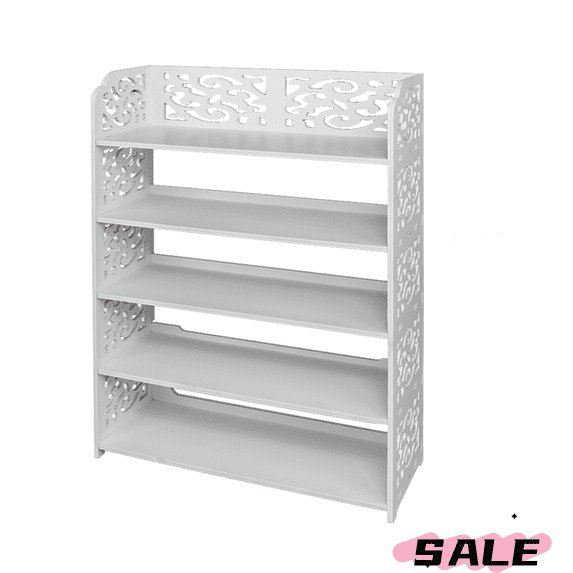 Hassch Wood-Plastic Freestanding Shoe Rack, 5-Tiers Shoe Storage Organizer, Shoe Shelf with Hollow Carved Design, Space Saving, White