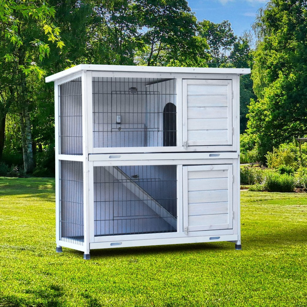 Hassch Wooden Bunny Hutch Rabbit Hutch Small Animals Habitat with Ramp, Removable Tray and Weatherproof Roof, Indoor/Outdoor, Antique White