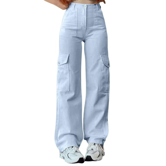 Hassda Clearance! Cargo Sweatpants For Women Ladies' Versatile Casual Mid Waist Three Pocket Long Waist Workwear Casual Pants Straight Leg Sweatpants For Women Blue S