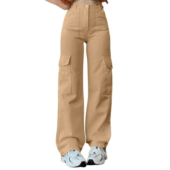 Hassda Clearance! Cargo Sweatpants For Women Ladies' Versatile Casual Mid Waist Three Pocket Long Waist Workwear Casual Pants Straight Leg Sweatpants For Women Khaki XL