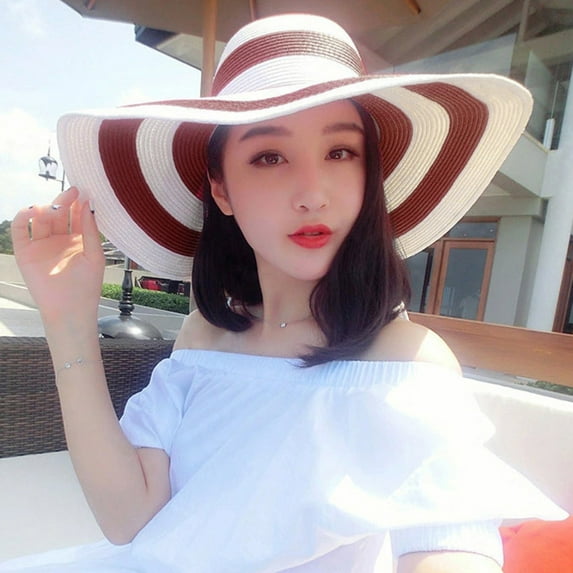 Hassda Clearance! Womens Big Bowknot Straw Hat Stripe Floppy Foldable Roll up Beach Cap Sun Hat Red One Size Overstock Items Clearance All Prime