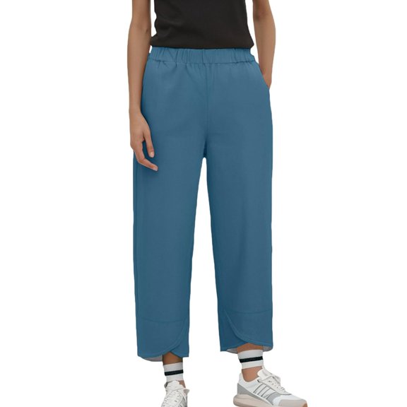 Hassda Clearance! Womens Linen Pants Linen Pants Women Palazzo Plus Size Palazzo Elastic High Waisted Long 2025 Summer Trousers With Pockets Capri Pants For Women Blue3 L
