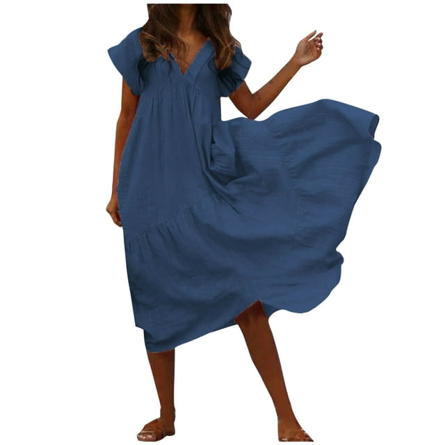 Hassda Summer Dresses for Women Maxi Dress Print Short Sleeve V Neck ...