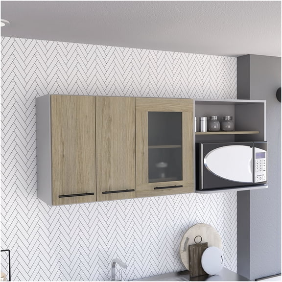 Hasselt Double Door Wall Cabinet with Glass Front in Light Pine Finish for Kitchen Display