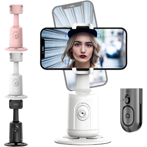 Hassignment Smart AI Facial Recognition Phone Tripod, Auto Face Tracking Tripods 360 Rotation with Stand, No App, Rechargeable Camera Stand with Remote and Gesture Control (White, Standard)