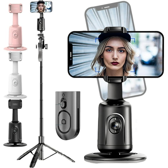 Hassignment Smart AI Facial Recognition Phone Tripod, Auto Face Tracking Tripods 360 Rotation with Stand, No App, Rechargeable Camera Stand with Remote and Gesture Control (Black, with Tripod)