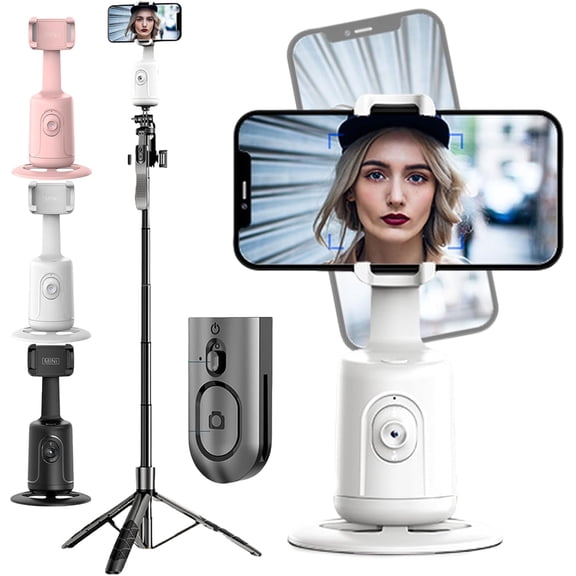 Hassignment Smart AI Facial Recognition Phone Tripod, Auto Face Tracking Tripods 360 Rotation with Stand, No App, Rechargeable Camera Stand with Remote and Gesture Control (White, with Tripod)