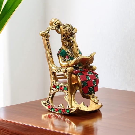 Hastcraft Metal Ganesha Ji Reading Book on Royal Chair Decorative Idol for Home Temple, Office Desk and Tabletop Spiritual Décor with Stone Work Detailing (Multicolor (Gold/Red/Green))