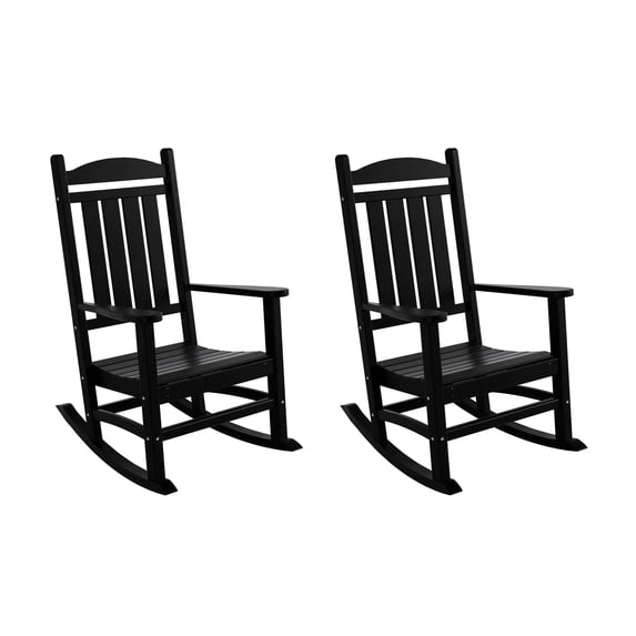 FADINGFREE Paradise Classic Plastic Outdoor Porch Rocking Chairs (Set of 2), Black