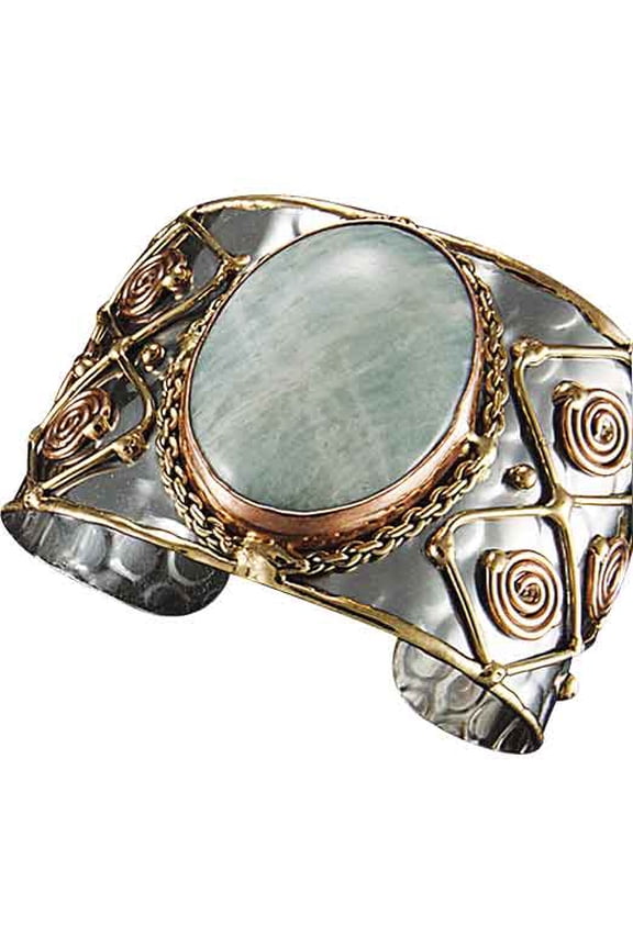 Anju Adjustable Cuff with Stainless Steel Base, Brass, Copper, and Amazonite Stone for Women
