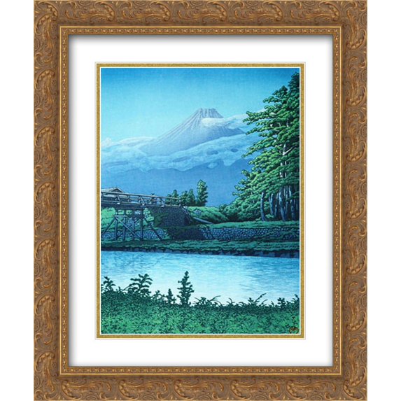 Hasui Kawase 2x Matted 20x24 Gold Ornate Framed Art Print 'Mount Fuji from Taganora Bridge'
